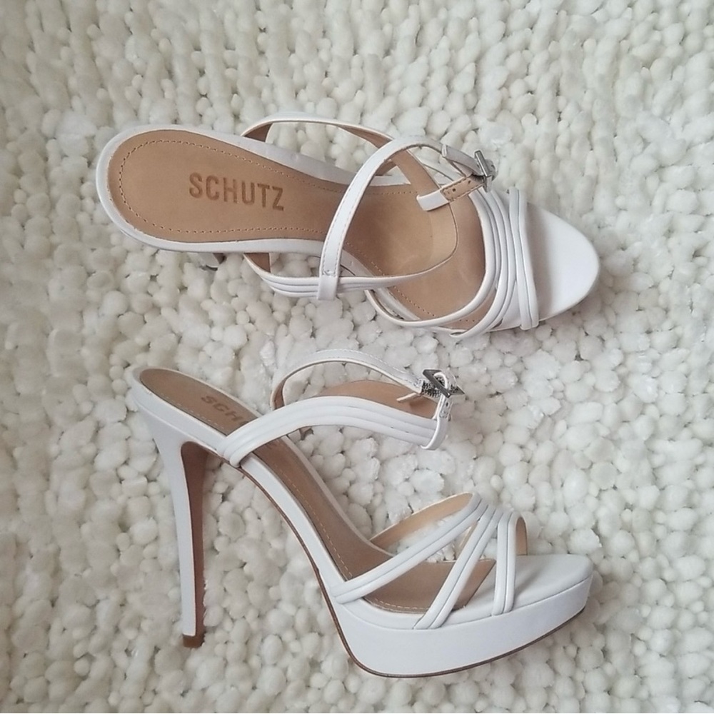 NWT - NEW - SCHUTZ Bogga Ankle Strappy Platform Heel Sandal White Leather 8.5